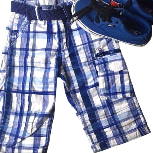 H&M Boys Blue Plaid Cargo Shorts With Adjustable Belt Size Boys 5 Cotton - Picture 2 of 8